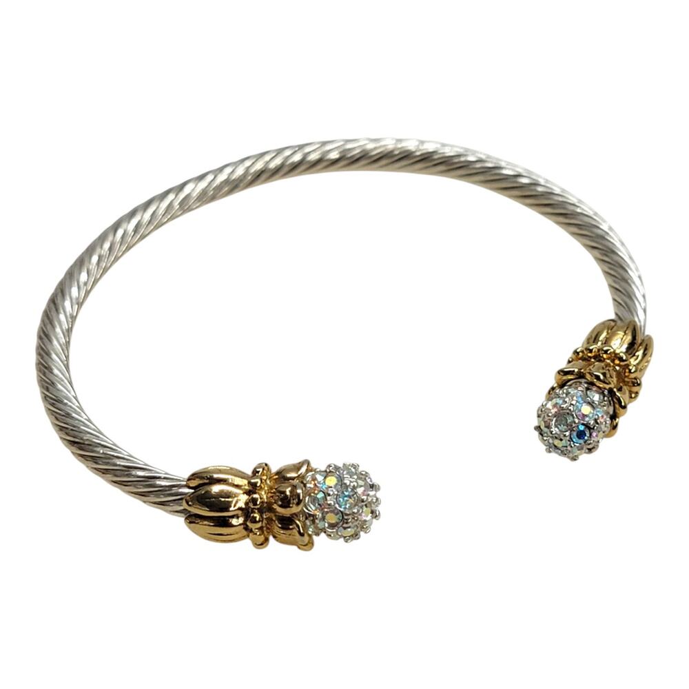 Two Tone Twisted Cable Cuff Bracelet Pave AB Crystal Ball Ends Silver Gold